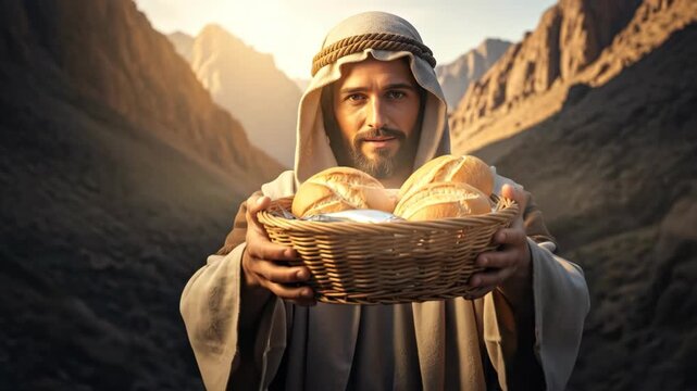 Jesus Christ stands in a mountainous landscape offering a basket full of fresh bread symbolizing the miracle of the loaves and fishes divine provision compassion and spiritual nourishment