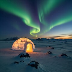 A stunning Aesthetic Background of a glowing igloo under the magical northern lights in an arctic winter landscape