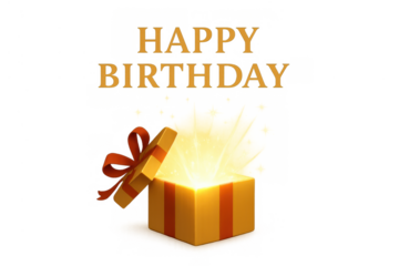 Happy birthday message and a glowing open gift box with red bow and magic light, representing a surprise and celebration