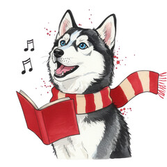 Joyful Husky Sings Carols From A Festive Red Book With Musical Notes Adorning This Whimsical