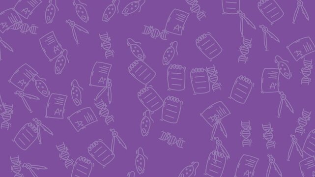 Colorful pattern featuring various scientific tools and notes on a vibrant purple background
