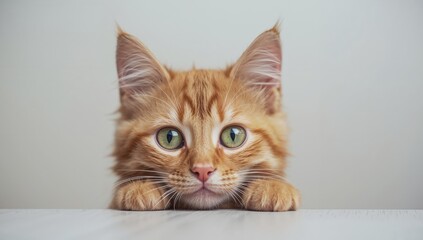 Ginger Gaze. A Furry Face Peeking Over, Captured in a Light and Airy Setting.