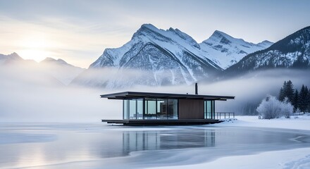 Modern Floating House on Icy Lake with Snowy Mountain Views in Winter Landscape, Aerial Architecture Photography