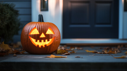 Obraz premium Jack-o’-lantern on doorstep with soft shadows, Halloween.Copy space.