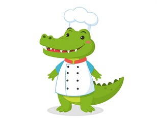 Fototapeta premium A cartoon alligator, dressed in a chef's hat and coat, smiling with a happy expression