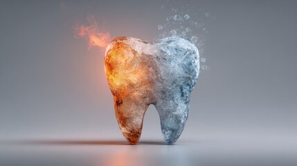 Tooth: The image depicts the concept of teeth, where one side is on fire and the other side is covered in ice, portraying the feeling of sensitive teeth.