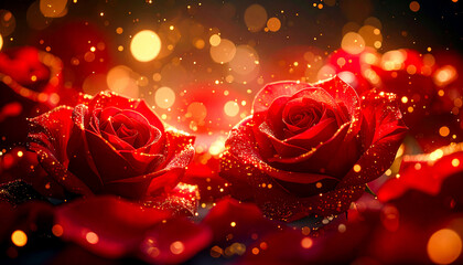 Golden Sparkles with Red Roses — Romantic Luxury Floral Background.
（赤いバラと金の輝き — ロマンチックで高級感のある花の背景）