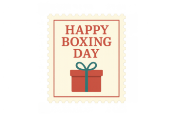 Happy boxing day postage stamp with present and bow, celebrating holiday season, transparent background