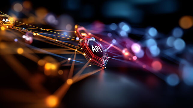 Futuristic digital interface with glowing API icons connected by lines representing software integration and data exchange connectivity visualization application programming int