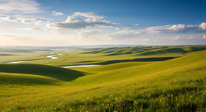 A scenic view of rolling green hills with a winding river under a partly cloudy blue sky landscape ai generated - Powered by Adobe