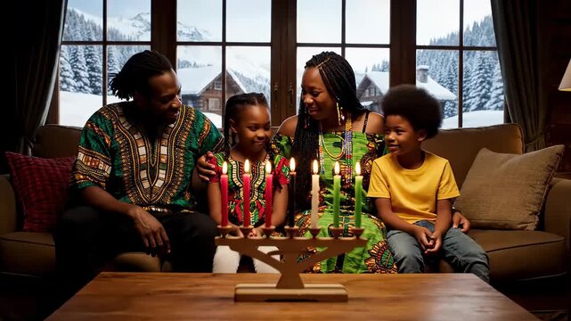 Happy Black Family Celebrating Kwanzaa by a Fireplace with Snow Outside