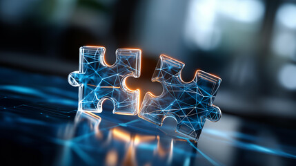 Digital puzzle pieces interlocking seamlessly glowing against futuristic blue abstract background symbolizing API integration concept seamless connectivity software integration