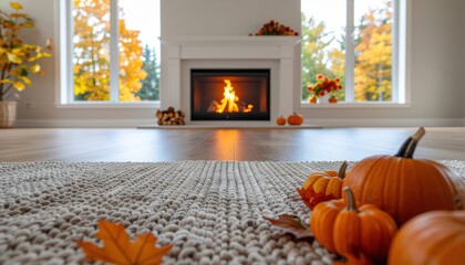 Obraz premium A cozy autumn living room featuring a fireplace, pumpkins, and colorful foliage viewed through large windows.