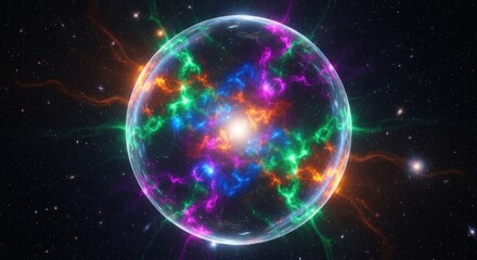 A colorful, abstract spherical structure with vibrant colors and textures in a cosmic, starry background.