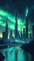 Obraz premium Futuristic City Skyline Under Glowing Green Aurora Borealis Display