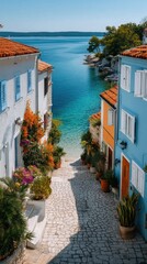 Fototapeta premium Charming Coastal Village Pathway With Colorful Buildings And Vibrant Flowers Leading To A Sparkling Blue Ocean Under Bright Sunlight