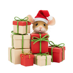 Adorable Mouse Wearing Santa Hat Peeking Over Stacked Christmas Presents With Transparent Background