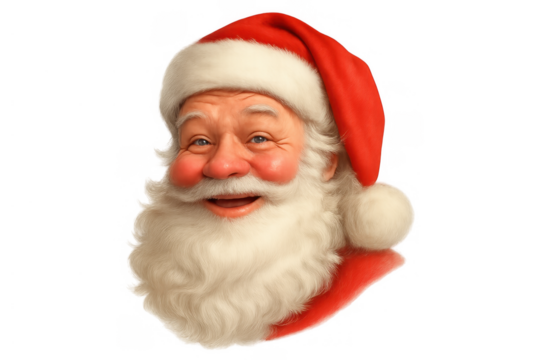 Santa claus head portrait smiling, celebrating christmas holiday spirit, festive season cheer, transparent background