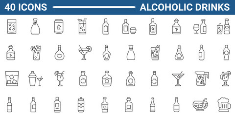Alcoholic drink line editable icon set. Containing drink, beer, alcohol, wine, cocktail, whiskey, and more. Editable stroke. Vector illustration