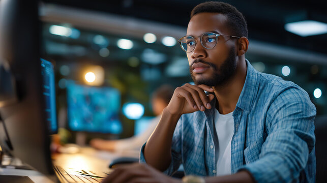 Faceless African American young developer in eyeglasses concentrating on online work on computer sitting at workplace focused programming professional developer office workspace