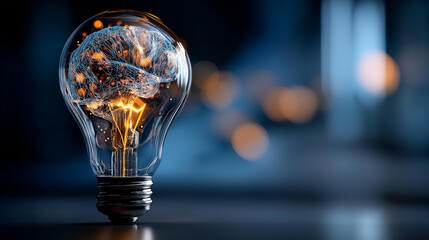 Artificial intelligence and machine learning concepts illustrated inside glowing light bulb symbolizing innovation in neuroscience and futuristic technology AI visualization