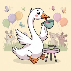 Cute Whimsical Goose Drinking tea at a party Vector Illustration