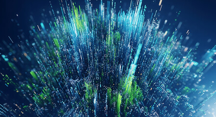 Abstract blue and green digital cityscape with rising lines and geometric shapes in perspective view ai generated