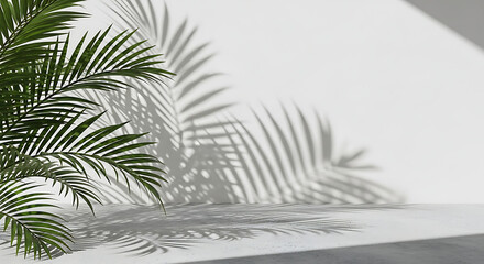 Palm leaves casting shadows on a white wall, creating a tropical vibe for backgrounds