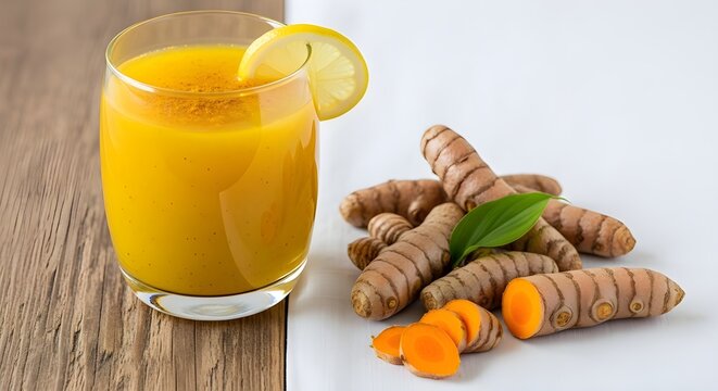 Segelas jamu didekat nya ada kunyit