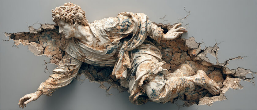Ancient marble statue breaking through cracked wall