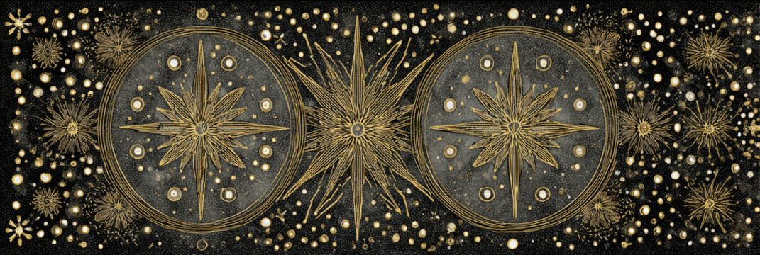 Golden Cosmic Sunburst Mandala with Starry Background