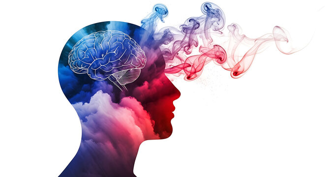 Human Head Silhouette with Brain Illustration and Colorful Smoke Emerging Symbolizing Thought Processes and Ideas