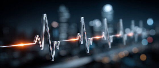 Digital heartbeat pulse waveform in futuristic city