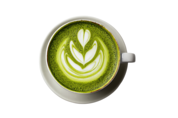 A cup of green tea with a white swirl design on top. The cup is placed on a white background