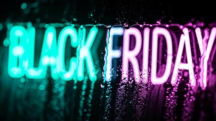 Vibrant neon sign showcasing 'Black Friday' amidst raindrops, symbolizing holiday sales and shopping excitement. Perfect for seasonal marketing and promotional campaigns.