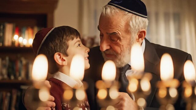  Older adult and child lighting candles on a silver menorah at home, warm golden bokeh and evening light, intergenerational family tradition during the Hanukkah festival of lights, teaching heritage