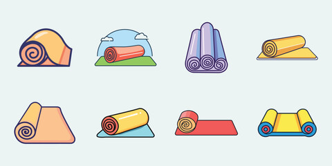 Collection of rolled and unrolled yoga mats various colors and styles