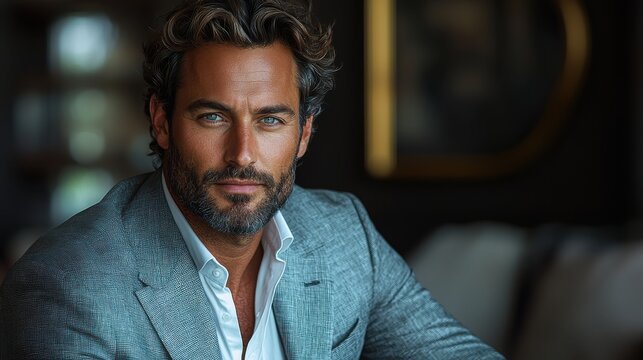 Close up portrait of a handsome man with green eyes wearing a gray suit and a white shirt indoors