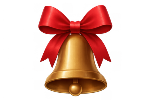 Golden christmas bell with red bow, holiday season decoration for festive celebration, transparent background - Powered by Adobe