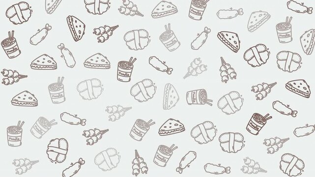 Food pattern doodle with drawings of sushi, noodles, and japanese cuisine suitable for restaurant menus, food blogs, and packaging design.