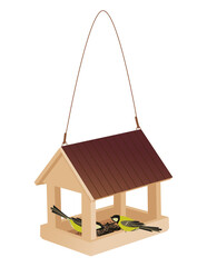 Two tits pecking at sunflower seeds in a hanging bird feeder in the forest © Nadezda Starodubceva