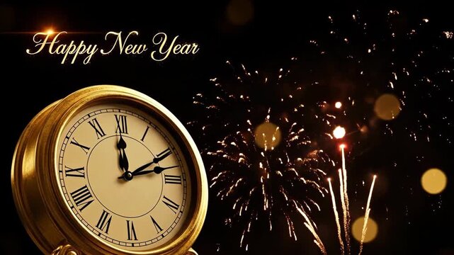 A beautiful scene celebrating the arrival of the New Year, featuring a classic clock striking midnight surrounded by vibrant fireworks, embodying joy, hope, and new beginnings.