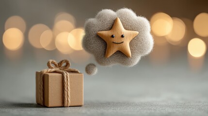 A whimsical gift box with a smiling star in a thought bubble, surrounded by soft, glowing lights, evoking a cheerful and festive atmosphere.