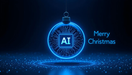 Futuristic Blue AI Chip Logo Inside a Glowing Christmas Ornament Decoration, Digital Circuit Board Pattern, Abstract Technology Background with Merry Christmas Text, Concept for Tech Industry Holiday 