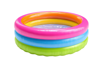 A colorful plastic pool with a rainbow design. The pool is made of plastic and is in a circular shape