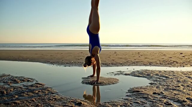 Woman performs handstand on beach reflecting in shallow water at sunrise