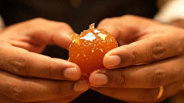 Close-up of hands holding Gulab Jamun Indian sweet dessert with silver vark
