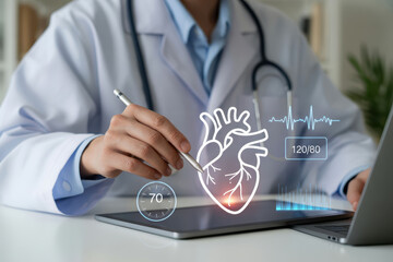 Doctor in white coat uses digital tablet to analyze heart data, showcasing heart graphic and vital signs. scene conveys modern approach to healthcare and technology