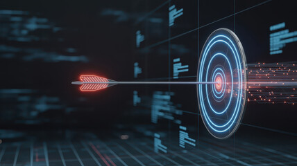 Futuristic holographic target with glowing arrow striking center, surrounded by digital data and technology elements, evokes sense of precision and innovation