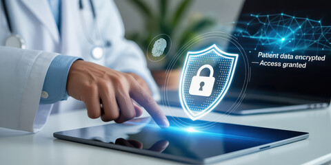 Doctor hand interacts with tablet, showcasing digital security interface. image emphasizes patient data encryption and secure access, highlighting importance of technology in healthcare